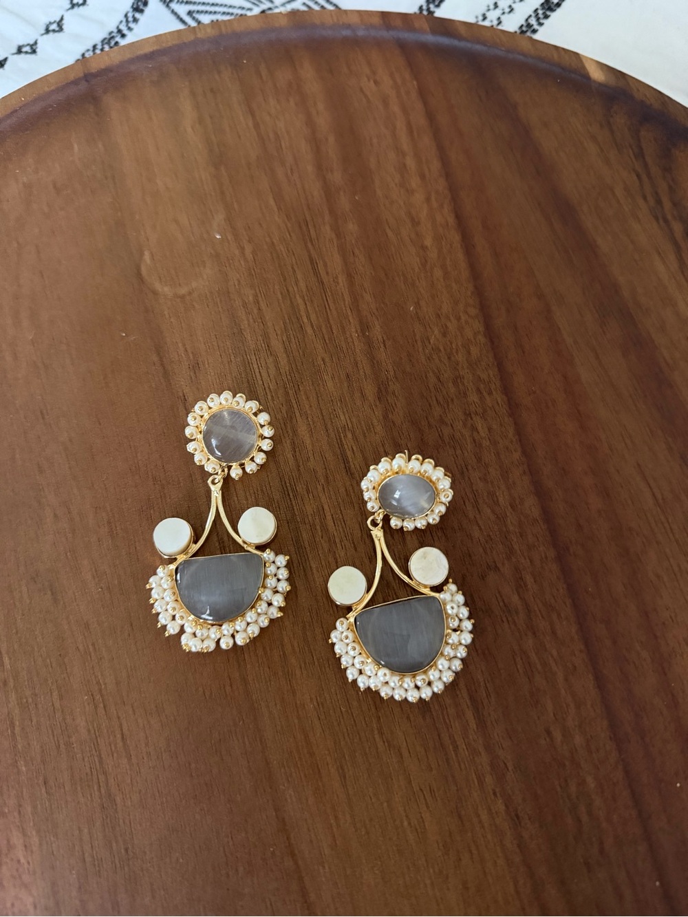 Gold-Tone Gray Stone and Pearl Drop Earrings - Women Jewelry
